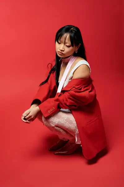 A stylish Asian woman in a bold red jacket squats gracefully, deep in thought. — Stock Photo