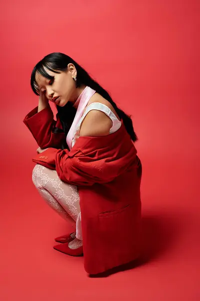 An elegant Asian woman in a striking red ensemble finds a moment of reflection in a vivid setting. — Stock Photo