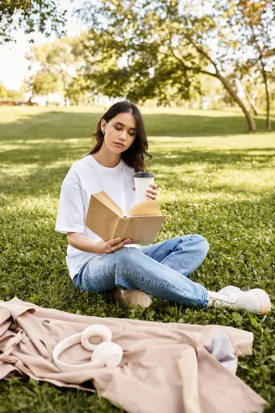 In a vibrant park, a beautiful young woman reads a book and enjoys her coffee surrounded by nature. — Stock Photo