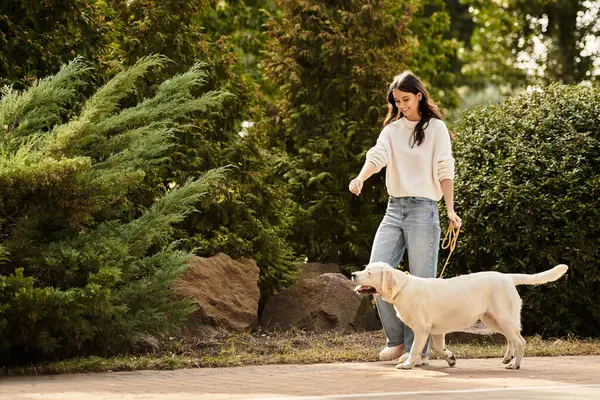 A beautiful woman dressed for autumn walks joyfully with her dog amidst vibrant fall foliage. — Stock Photo
