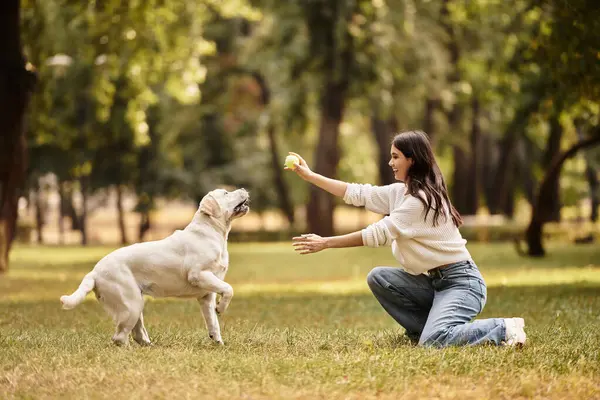 A beautiful woman in cozy attire kneels in the park, tossing a ball to her energetic dog. — Stock Photo