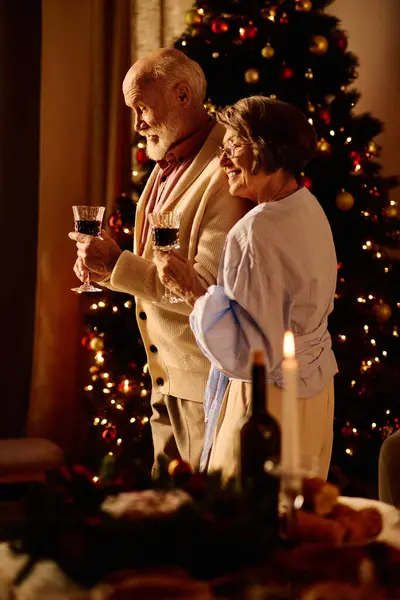 The warm glow of Christmas lights shines as a senior couple raises their glasses in festive joy. — Stock Photo