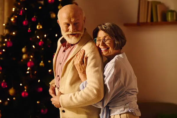The senior couple enjoys each others company while celebrating the festive season at home. — Stock Photo