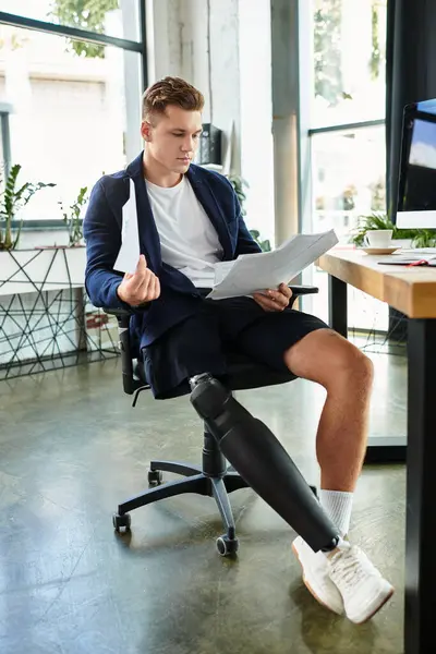 A young businessman with an artificial limb focuses on documents while seated at a stylish office desk. — Stock Photo