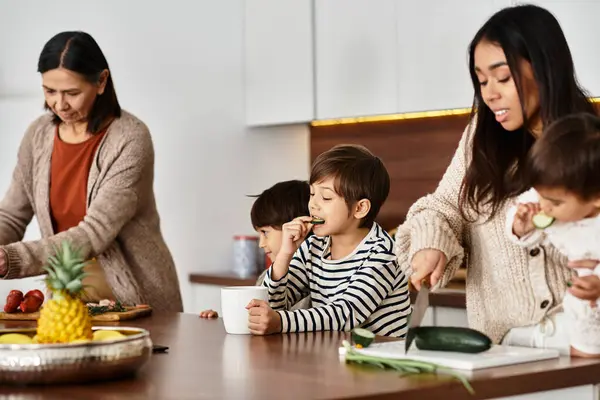 A cheerful Asian family enjoys a fun baking session, creating holiday treats together. — Stock Photo