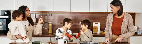 A joyful family is preparing festive treats in their contemporary kitchen, filled with laughter and warmth. — Stock Photo