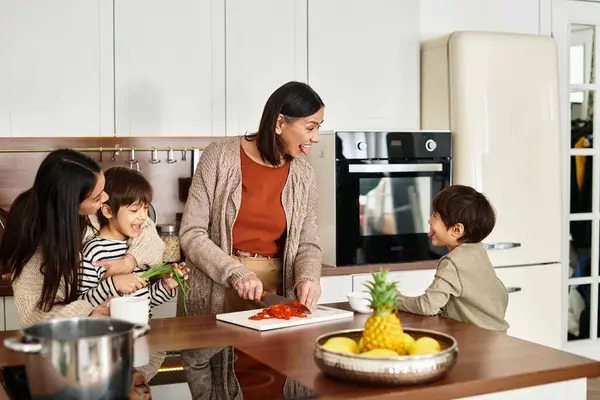 An Asian family enjoys cooking festive treats in a modern kitchen while preparing for Christmas. — Stock Photo
