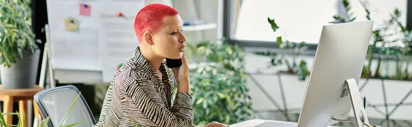 A bald woman engages in a phone conversation while typing, amidst a green filled workspace. — Stock Photo