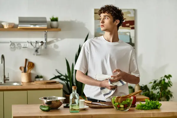 In a chic kitchen, a handsome young man thoughtfully crafts a fresh salad, embracing healthy living. — Stock Photo