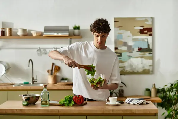 Ein gutaussehender junger Mann mit lockigem Haar mixt gekonnt einen lebendigen Salat und umarmt einen nahrhaften Lebensstil. — Stockfoto