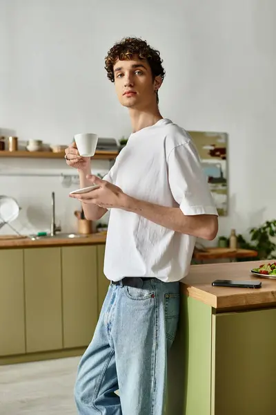 The handsome young man holds a coffee cup, relaxed in his bright and contemporary kitchen space. — Stock Photo