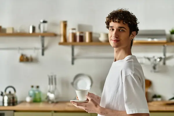 A young man with curly hair stands in a sleek kitchen, savoring a warm drink with a smile. — Stock Photo
