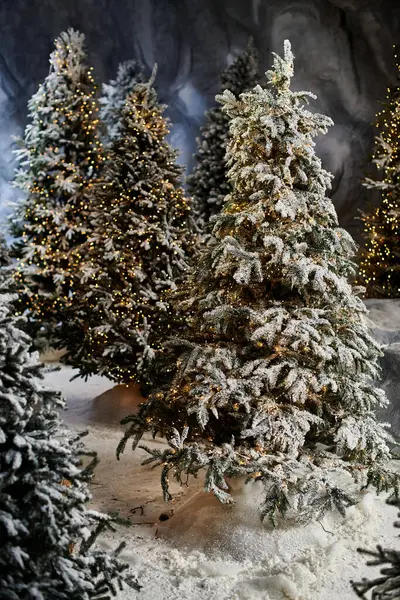 Snow-laden pine trees glisten with twinkling lights, creating a magical holiday atmosphere for the season. — Stock Photo
