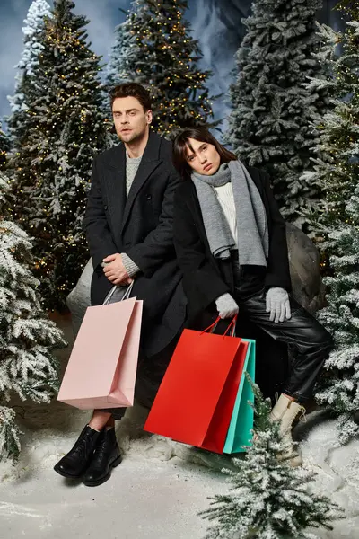 A lovely couple embraces winter, holding holiday shopping bags by snow-covered pine trees. — Stock Photo