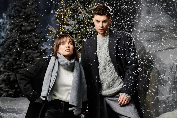 A couple embraces the festive spirit while surrounded by snowy pine trees, wishing everyone a Merry Christmas. — Stock Photo