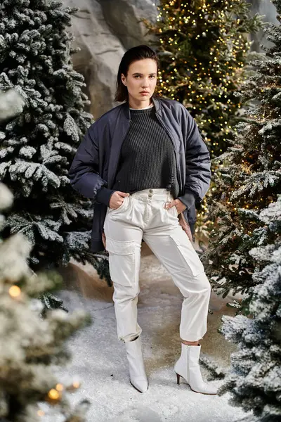 A woman dressed warmly enjoys the festive atmosphere near beautifully adorned pine trees in the snow. — Stock Photo