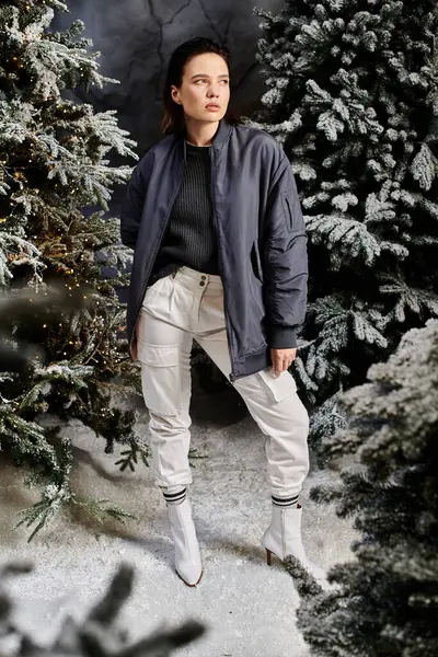 Dressed in chic winter attire, a woman enjoys the snowy landscape surrounded by festive pine trees. — Stock Photo