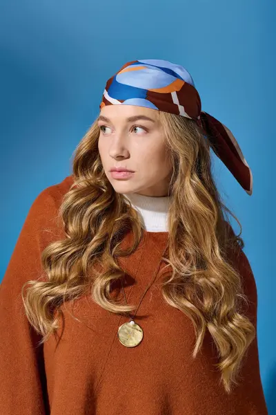 A beautiful plus size woman with long curls and a vibrant scarf gazes thoughtfully at the camera. — Stock Photo