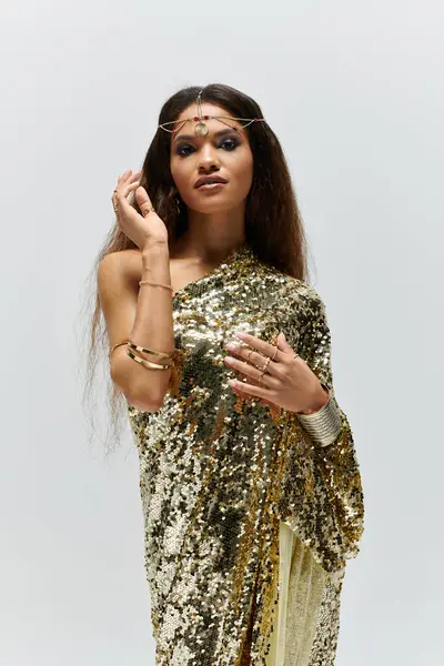 A breathtaking African American goddess radiates elegance in a shiny golden dress, posing confidently indoors. — Stock Photo
