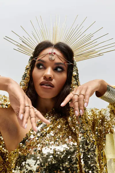 An elegant African American woman dazzles in a shimmering golden dress, surrounded by artistic elements. — Stock Photo