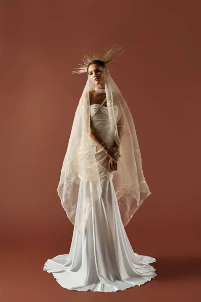 An elegant African American woman adorned in pearls captivates with grace in a soft white dress and serene pose. — Stock Photo