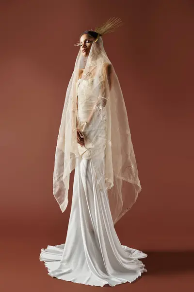 Una mujer afroamericana impresionante emana gracia en un vestido blanco fluido y collar de perlas en un rico telón de fondo. - foto de stock