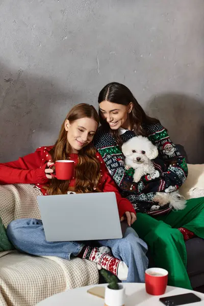 Two girlfriends enjoy a festive moment together with their Bichon frise while celebrating Christmas at home. — Stock Photo