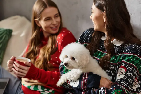 Two girlfriends in festive sweaters enjoy the holiday spirit with their adorable Bichon Frise at home. — Stock Photo