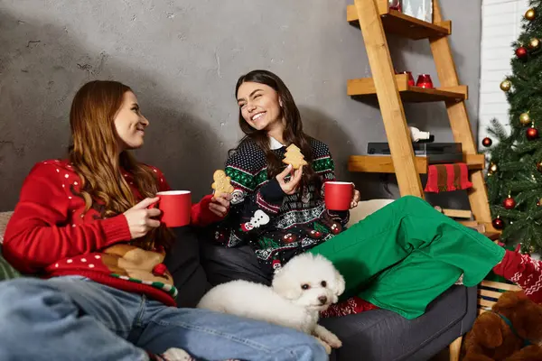 Two friends enjoy Christmas treats with their adorable Bichon Frise while relaxing in festive attire at home. — Stock Photo