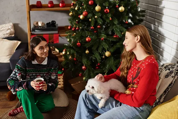 Two friends enjoy a festive moment with their Bichon Frise by the Christmas tree, sharing warmth and joy. — Stock Photo
