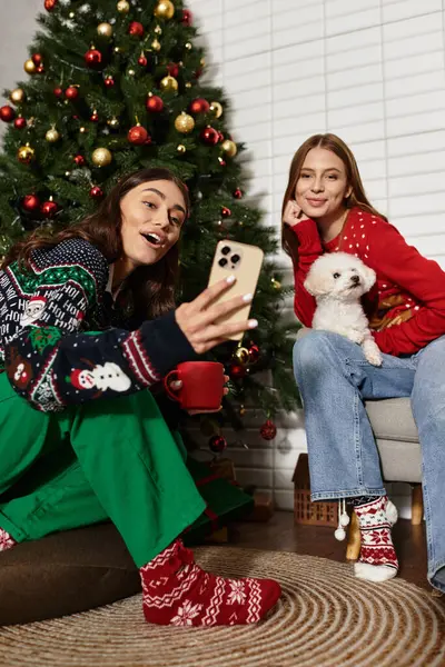 Two friends enjoy a festive moment together, sharing laughter and cheer with their cute dog by the Christmas tree. — Stock Photo