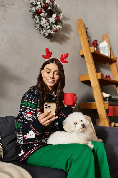 A young woman in a cozy sweater enjoys the New Year with her Bichon frise in a beautifully decorated living room. — Stock Photo
