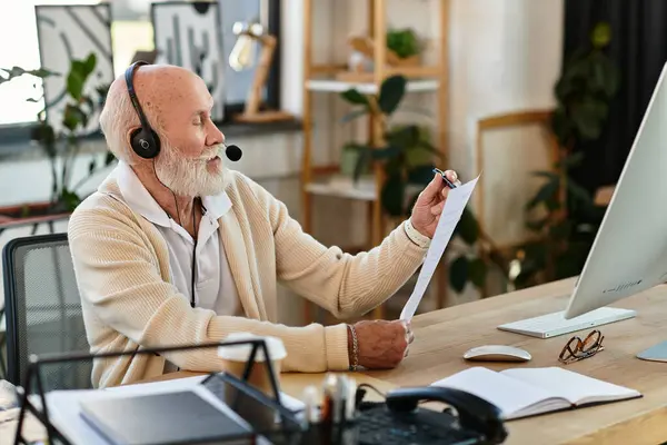 Ein leitender Geschäftsmann mit Bart benutzt ein Headset, während er während des Arbeitstages Dokumente auf seinem Schreibtisch untersucht. — Stockfoto