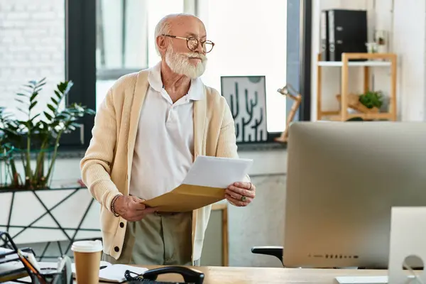 A well-dressed senior manager analyzes paperwork in a stylish office filled with greenery and natural light. — Stock Photo