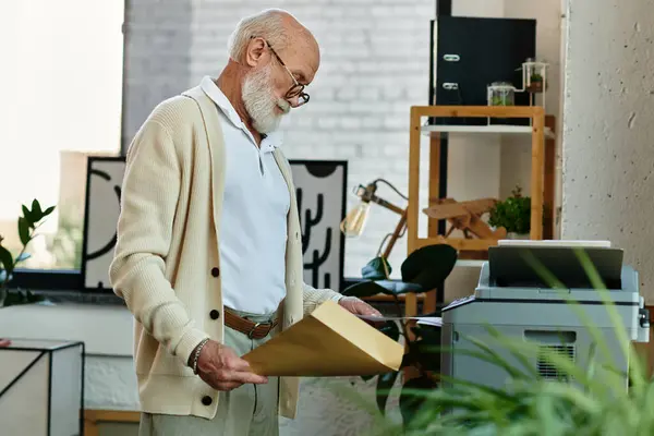 A good looking senior businessman with a beard is focused on organizing paperwork in his modern office. — Stock Photo