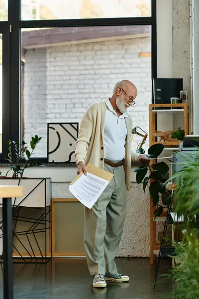 A well-groomed senior manager is inspecting paperwork while surrounded by greenery and stylish decor. — Stock Photo
