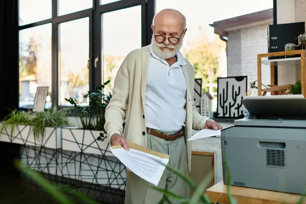 A professional senior man with a beard examines documents in a stylish office surrounded by plants. — Stock Photo