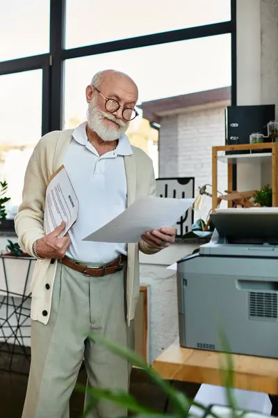 Un gerente sénior de aspecto agudo revisa documentos importantes junto a una impresora en un espacio de trabajo contemporáneo. - foto de stock