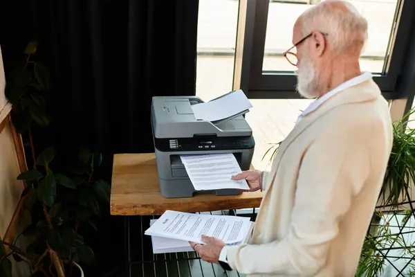 In a chic office, a senior businessman reviews printed documents, showcasing professionalism and elegance. — Stock Photo