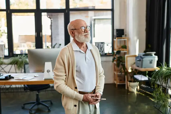 A distinguished businessman stands pensively, exuding confidence in his modern office attire, deep in thought. — Stock Photo