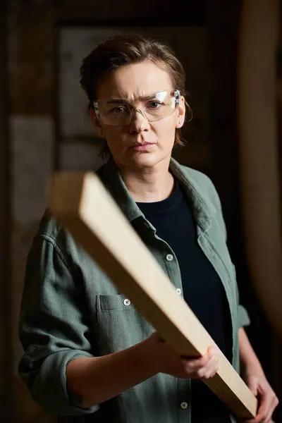 Un falegname femminile dedicato si concentra sul suo mestiere durante la movimentazione di una tavola di legno nel suo laboratorio. — Foto stock