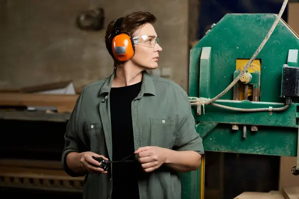 A dedicated female carpenter focuses intently while working in her well-lit workshop. — Stock Photo