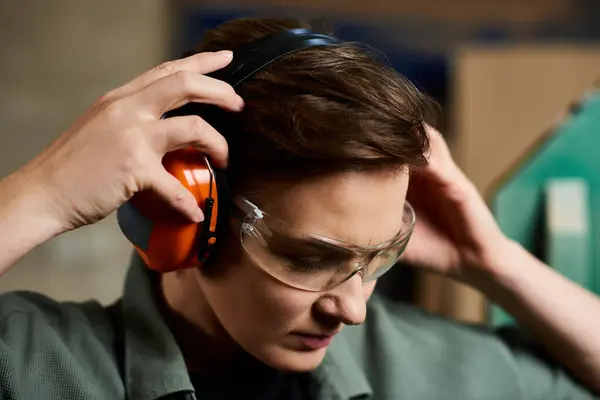 A dedicated carpenter puts on ear protection, readying herself to craft wooden projects in her workshop. — Stock Photo