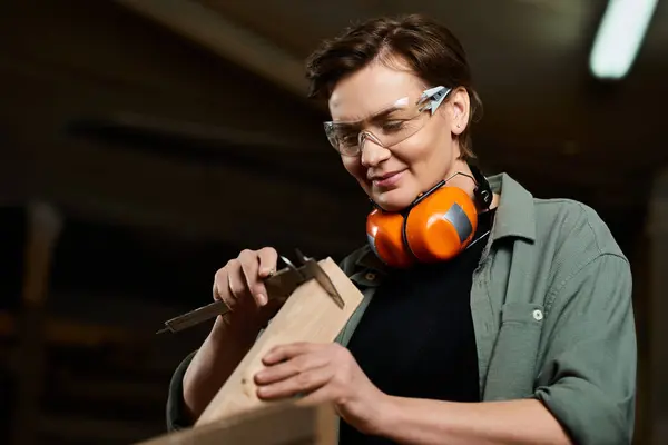 A skilled female carpenter shapes wood with precision in a well-lit workshop, showcasing craftsmanship and focus. — Stock Photo