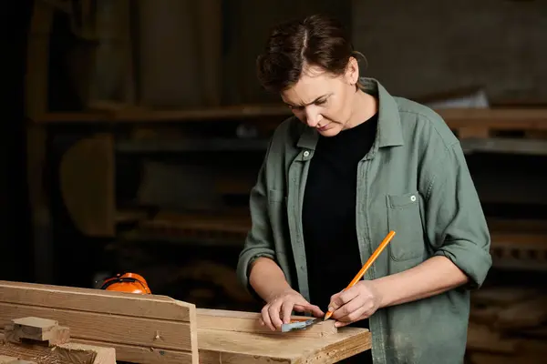 A skilled carpenter meticulously measures wood, showcasing craftsmanship in a vibrant workshop space. — Stock Photo