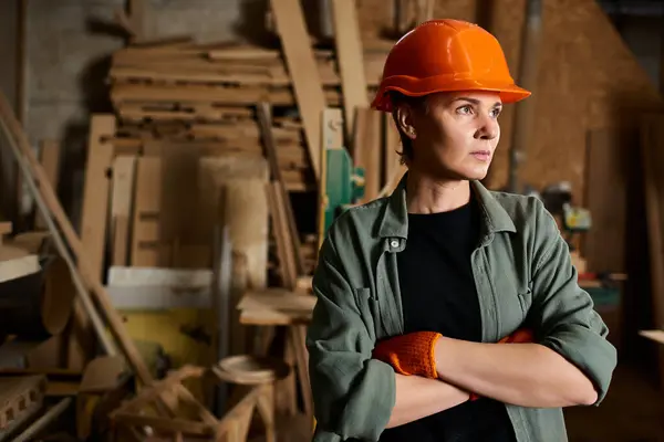 A skilled carpenter stands confidently in her workshop, surrounded by wood and tools, ready to create. — Stock Photo