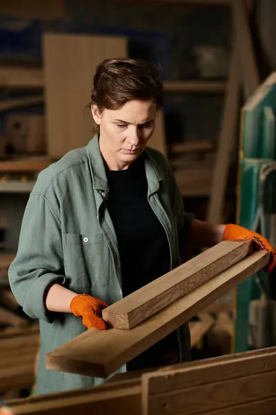 Focused on her work, a skilled carpenter shapes wood with precision in a bustling workshop environment. — Stock Photo