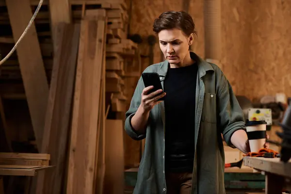 In a vibrant workshop, a female carpenter focuses on her phone, balancing craftsmanship and communication. — Stock Photo