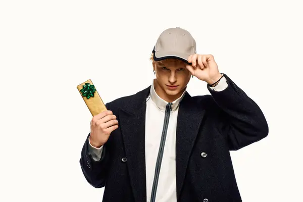 A stylish man presents a carefully wrapped gift, exuding holiday spirit in a fashionable outfit, complete with a cap. His confident smile invites warmth and festive cheer during Christmas 2025. — Stock Photo