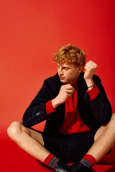 Un joven muestra una vibrante moda navideña con un atrevido telón de fondo rojo, combinando comodidad y estilo. Su atuendo presenta una sorprendente mezcla de texturas, perfectas para reuniones festivas. — Stock Photo